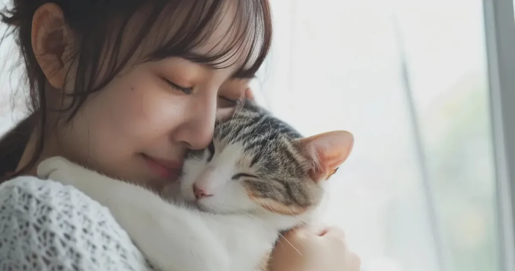 迷子猫　飼い主　再会　抱きしめる　安心した表情